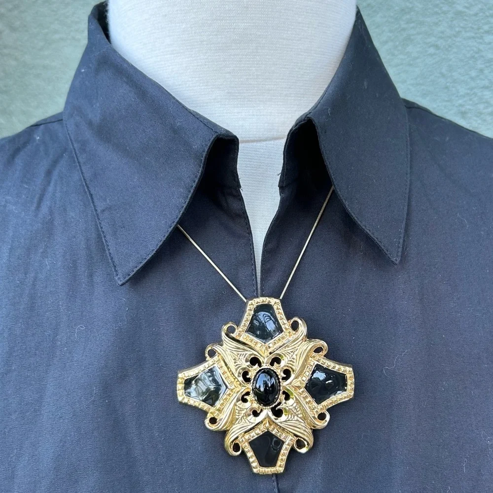 Vintage St John Maltese Cross Brooch Pendant 80's Black Enamel and Gold Signed